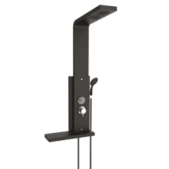 Colonne De Douche Hydromassante|Valentin Colonne de douche thermostatique hydromassante avec tablette, pomme de tête, douchette et flexible, en aluminium anodisé noir, Dune