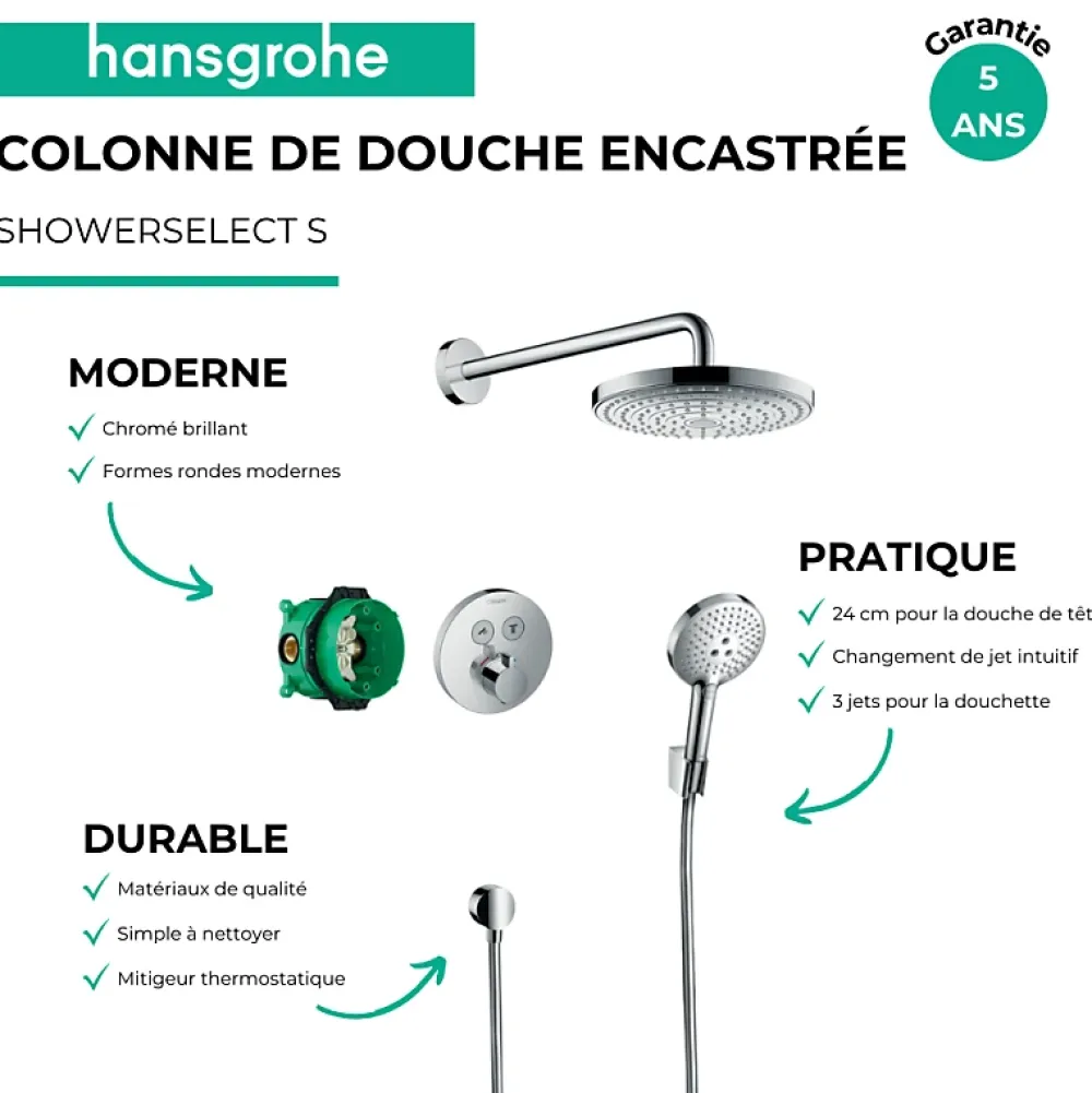 Hansgrohe Colonne de douche thermostatique encastrée ShowerSelect S chromé + douche de tête Raindance Select S + nettoyant