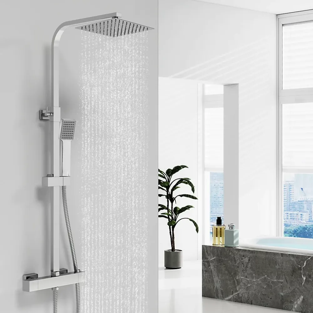 Colonne De Douche Thermostatique|AICA Sanitaire Colonne de douche thermostatique avec pomme de tête, douchette et flexible, Carré, AICA