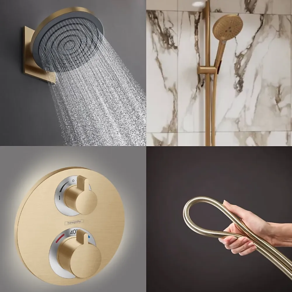 Hansgrohe Colonne de douche thermostatique Ecostat S Douche de tête Pulsify S Flexible Isiflex Douchette Raindance Select S bronze