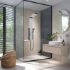 Colonne De Douche Hydromassante|Valentin Colonne de douche thermostatique hydromassante avec tablette, pomme de tête, douchette et flexible, en aluminium anodisé gris, Dune