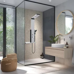 Colonne De Douche Hydromassante|Valentin Colonne de douche thermostatique hydromassante avec tablette, pomme de tête, douchette et flexible, en aluminium anodisé gris, Dune
