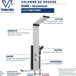 Colonne De Douche Hydromassante|Valentin Colonne de douche thermostatique hydromassante avec tablette, pomme de tête, douchette et flexible, en aluminium anodisé gris, Dune