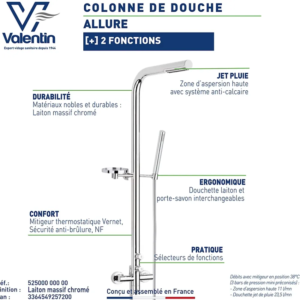 Valentin Colonne de douche thermostatique avec pomme de tête, douchette 1 jet et flexible, porte-savon, laiton chromé, Allure