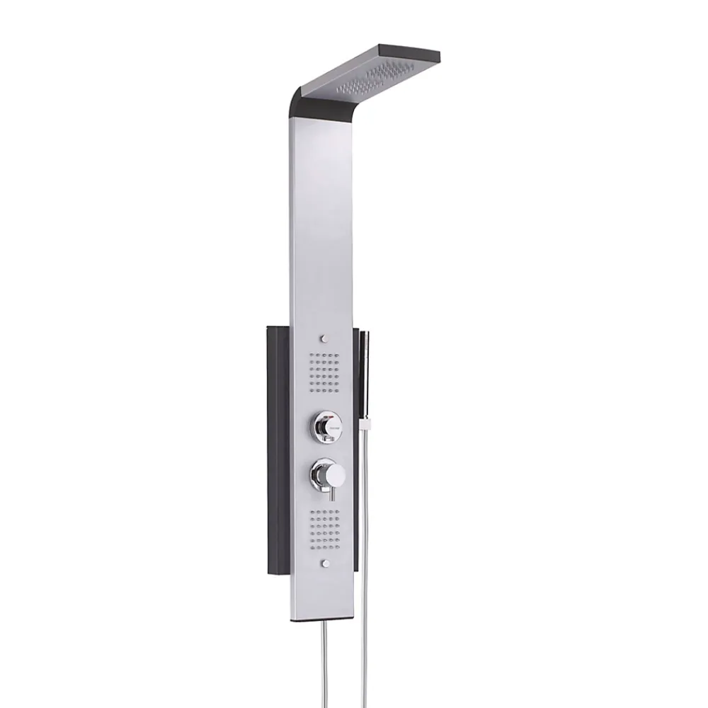 Colonne De Douche Hydromassante|Valentin Colonne de douche thermostatique hydromassante multijets avec pomme de tête, douchette 1 jet et flexible, gris alu et noir, Dune