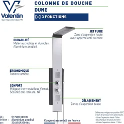 Colonne De Douche Hydromassante|Valentin Colonne de douche thermostatique hydromassante multijets avec pomme de tête, douchette 1 jet et flexible, gris alu et noir, Dune