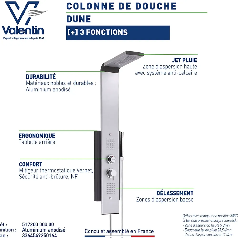 Colonne De Douche Hydromassante|Valentin Colonne de douche thermostatique hydromassante multijets avec pomme de tête, douchette 1 jet et flexible, gris alu et noir, Dune