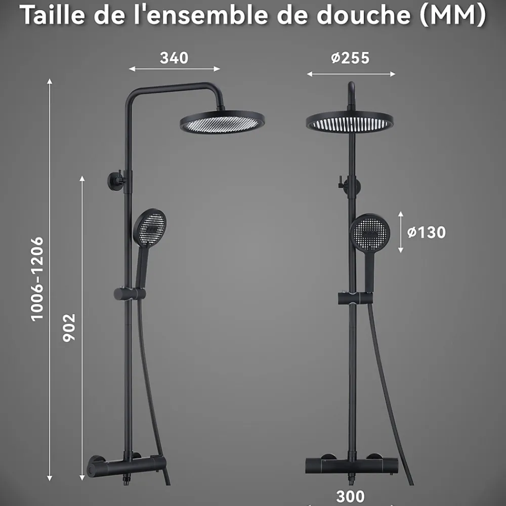 Colonne De Douche Thermostatique|Homelody Colonne De Douche Thermostatique Securite 38C Jet Pluie Hauteur Reglable 1006 A 1206 mm Structure Inox Noire