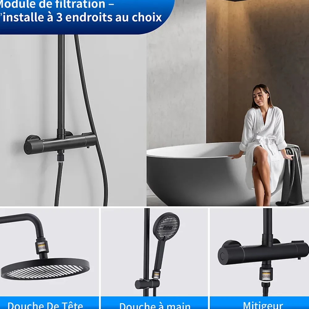 Colonne De Douche Thermostatique|Homelody Colonne De Douche Thermostatique Securite 38C Jet Pluie Hauteur Reglable 1006 A 1206 mm Structure Inox Noire