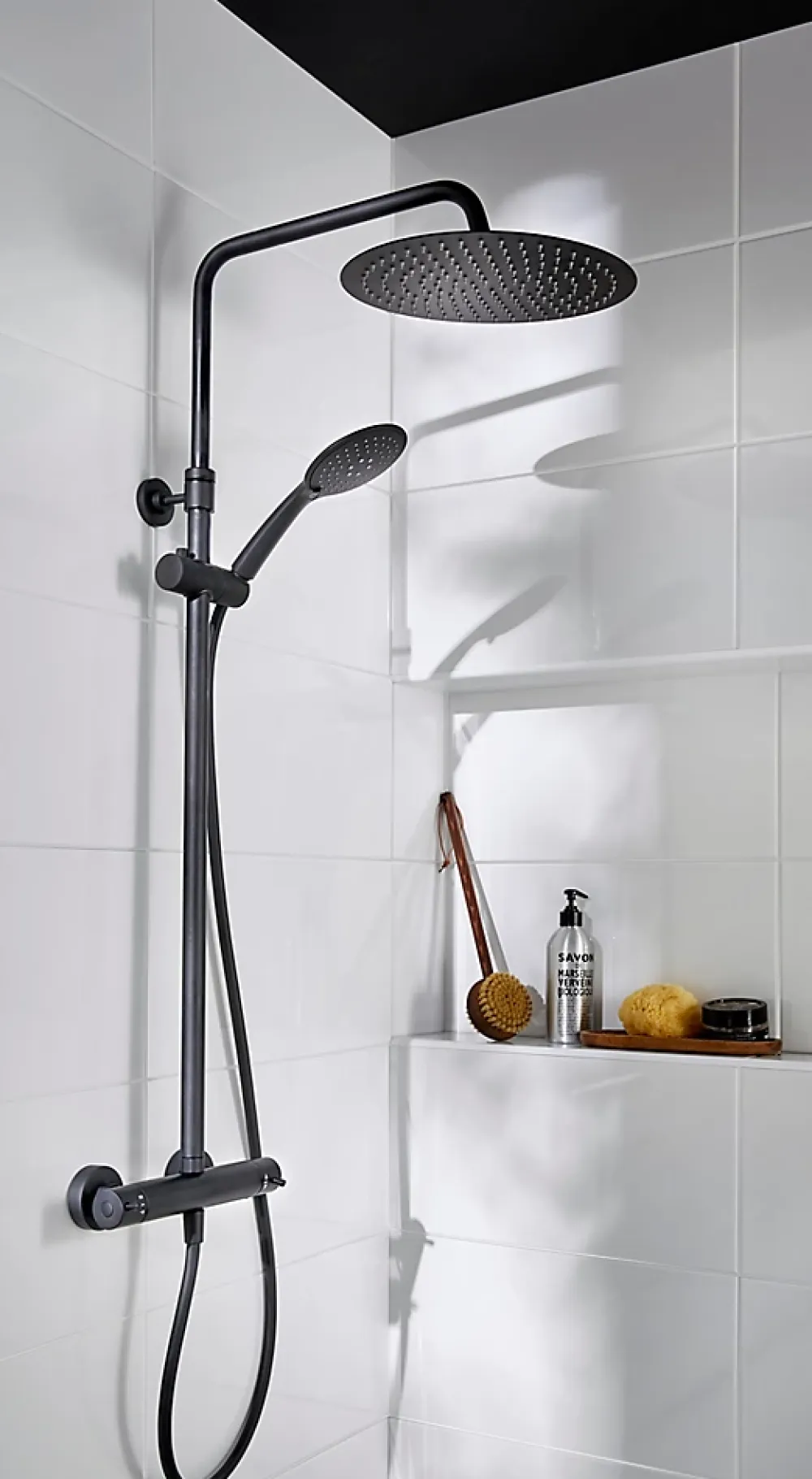 GoodHome Colonne de douche thermostatique avec pommeau + douchette 3 jets + flexible + barre réglable, noir mat, Weddell