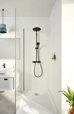 Grohe Colonne de douche thermostatique avec douchette + pommeau + flexible + barre, noir, Vitalio Start 250