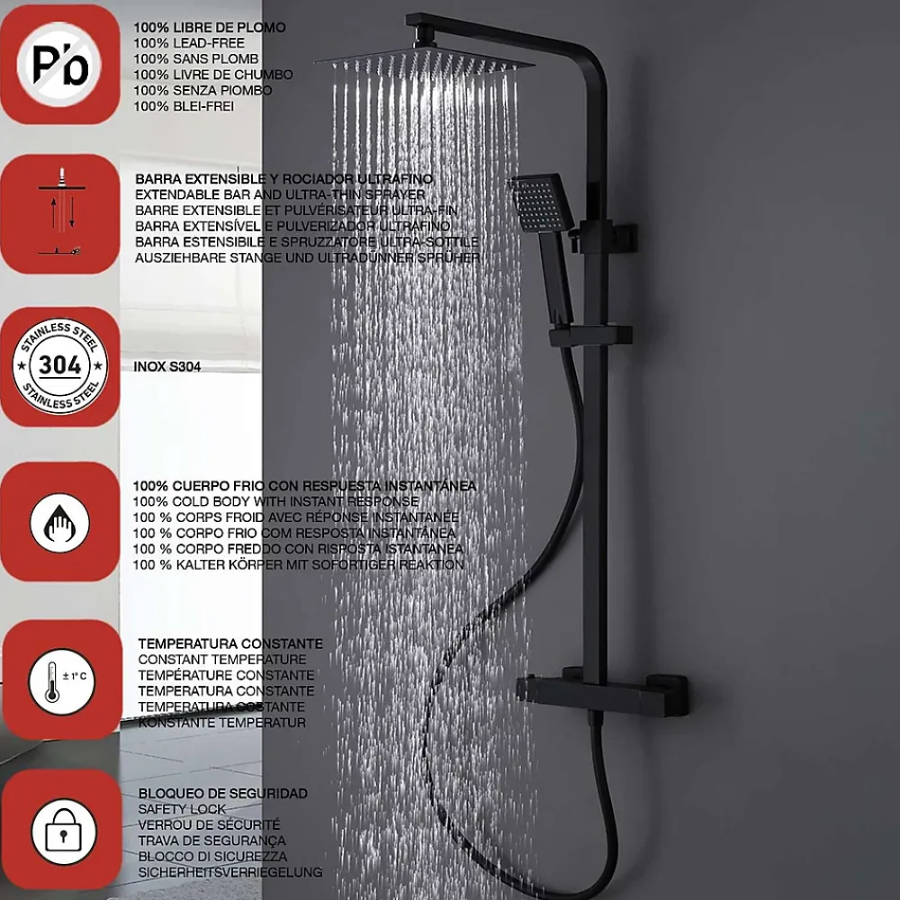 Colonne De Douche Thermostatique|Poalgi Colonne de douche thermostatique avec barre extensible SKY BATH noir mat Inox S304 série PARADISE