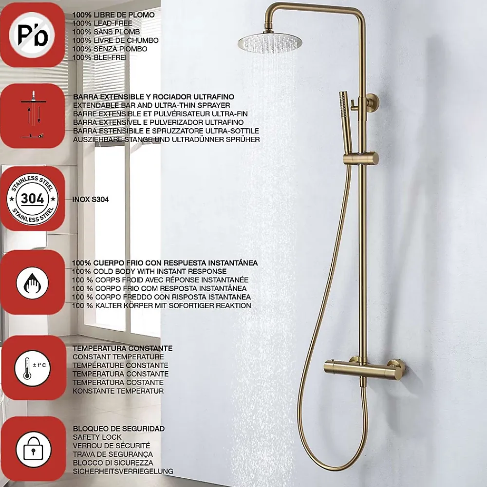 Colonne De Douche Thermostatique|Poalgi Colonne de douche thermostatique avec barre extensible SKY BATH or brossé Inox S304 série SUPREME