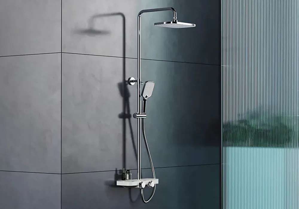 Bernstein Colonne de douche thermostatique laiton, mitigeur de douche + tablette en verre - Chrome / Blanc - Assemblée, Silencieux - BS371