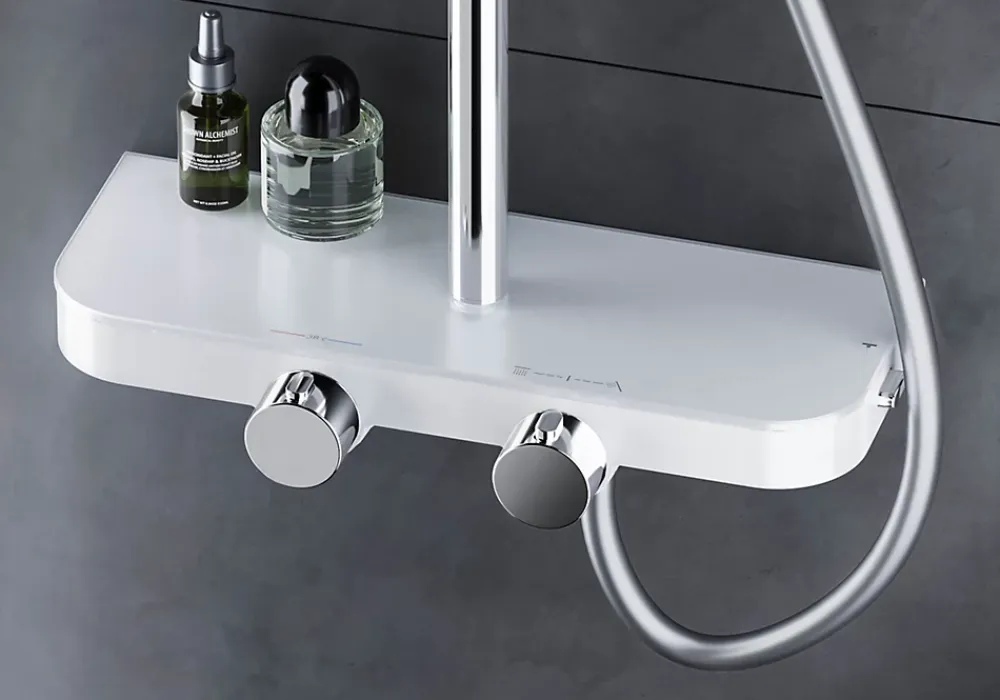 Bernstein Colonne de douche thermostatique laiton, mitigeur de douche + tablette en verre - Chrome / Blanc - Assemblée, Silencieux - BS371