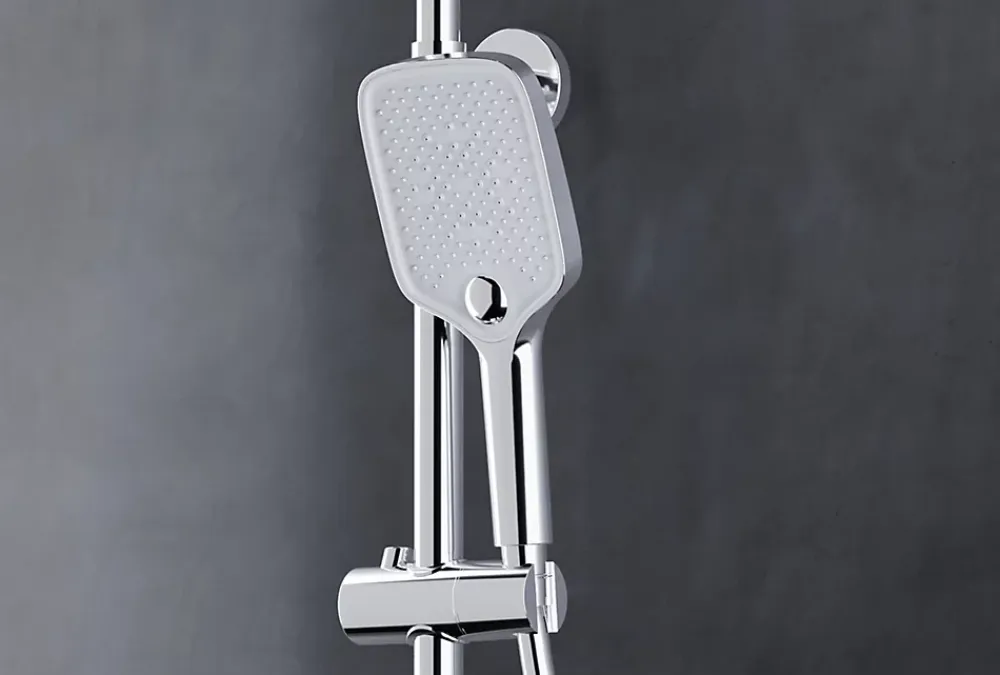 Bernstein Colonne de douche thermostatique laiton, mitigeur de douche + tablette en verre - Chrome / Blanc - Assemblée, Silencieux - BS371