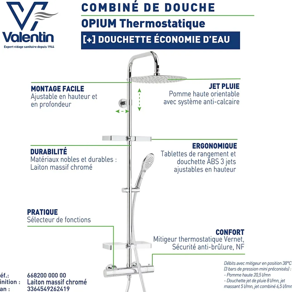 Colonne De Douche Thermostatique|Valentin Colonne de douche thermostatique anti-brûlure avec tablette, pomme de tête ronde, douchette et flexible, chrome, Opium