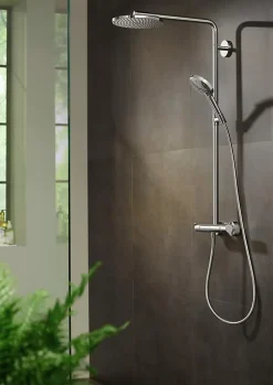Hansgrohe Colonne de douche thermostatique avec pommeau + douchette 1 jet + flexible + barre réglable, chrome, Raindance Select S 240 PowderRain