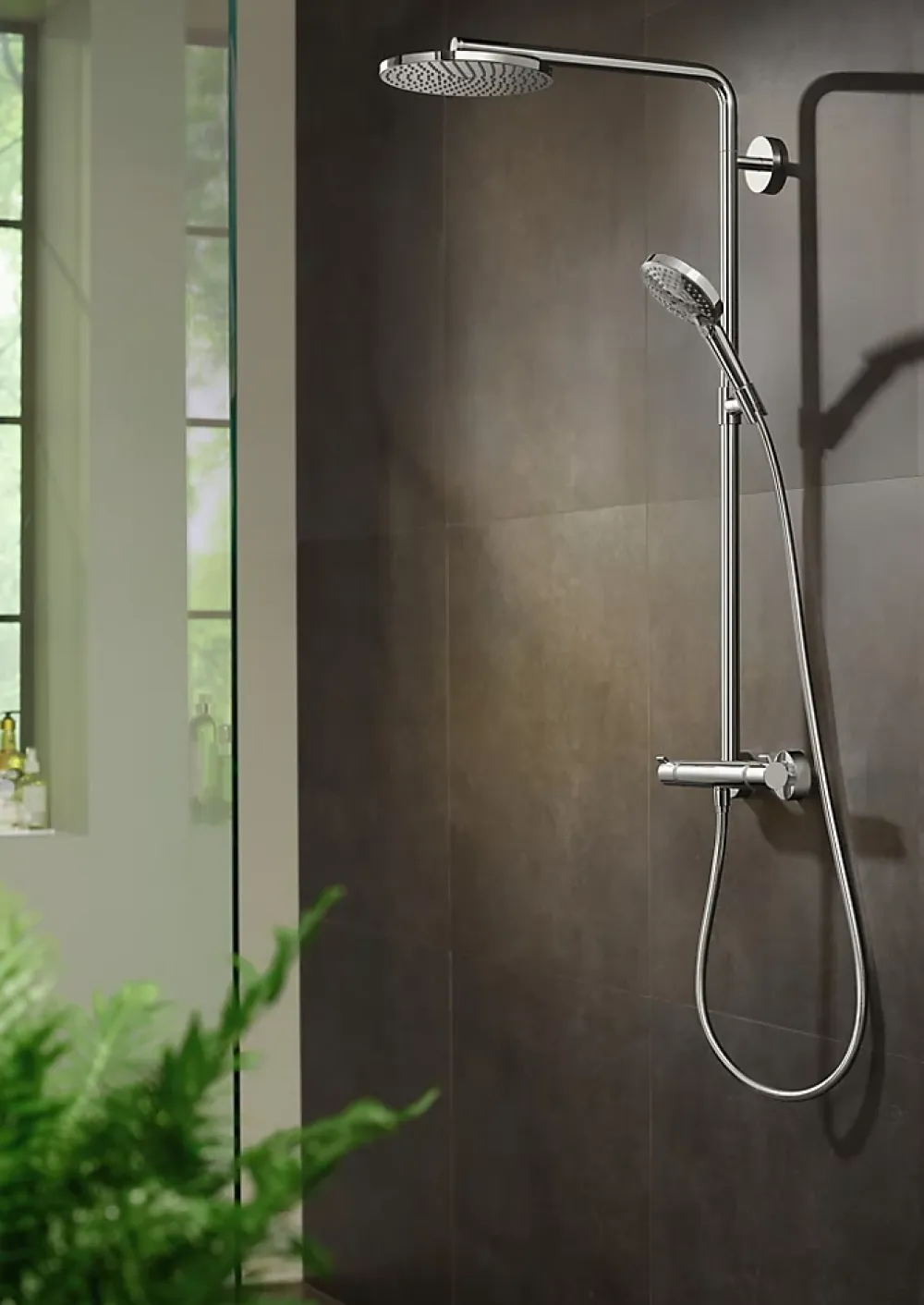 Hansgrohe Colonne de douche thermostatique avec pommeau + douchette 1 jet + flexible + barre réglable, chrome, Raindance Select S 240 PowderRain