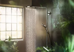 Hansgrohe Colonne de douche thermostatique avec pommeau + douchette 1 jet + flexible + barre réglable, chrome, Raindance Select S 240 PowderRain