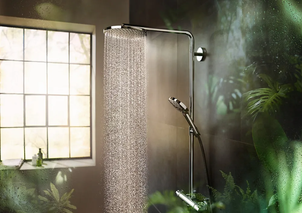 Hansgrohe Colonne de douche thermostatique avec pommeau + douchette 1 jet + flexible + barre réglable, chrome, Raindance Select S 240 PowderRain