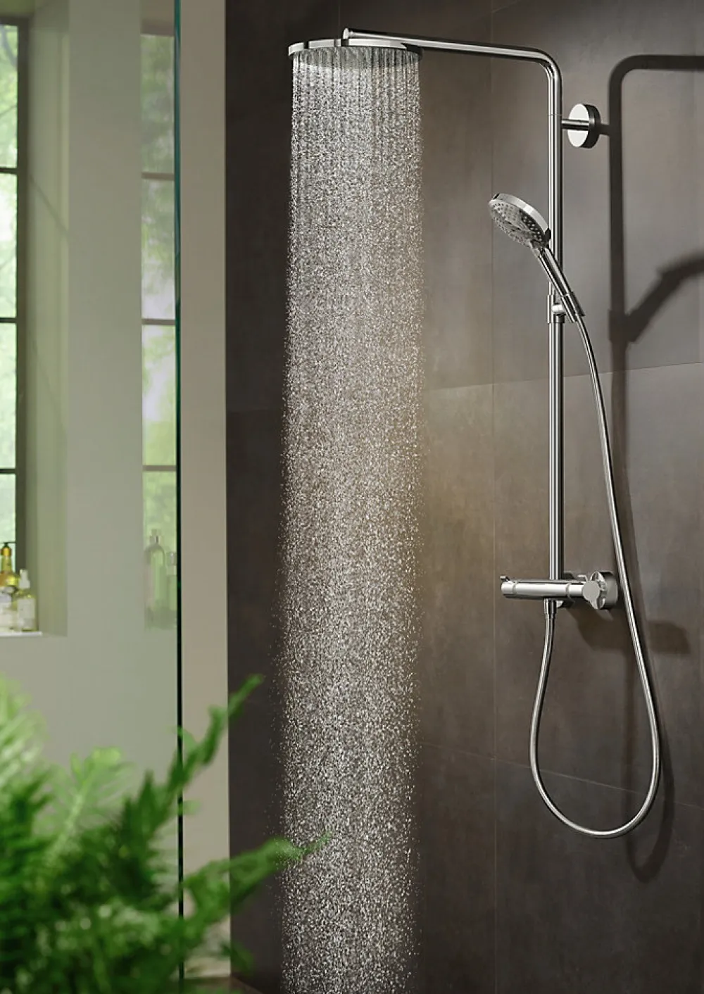 Hansgrohe Colonne de douche thermostatique avec pommeau + douchette 1 jet + flexible + barre réglable, chrome, Raindance Select S 240 PowderRain