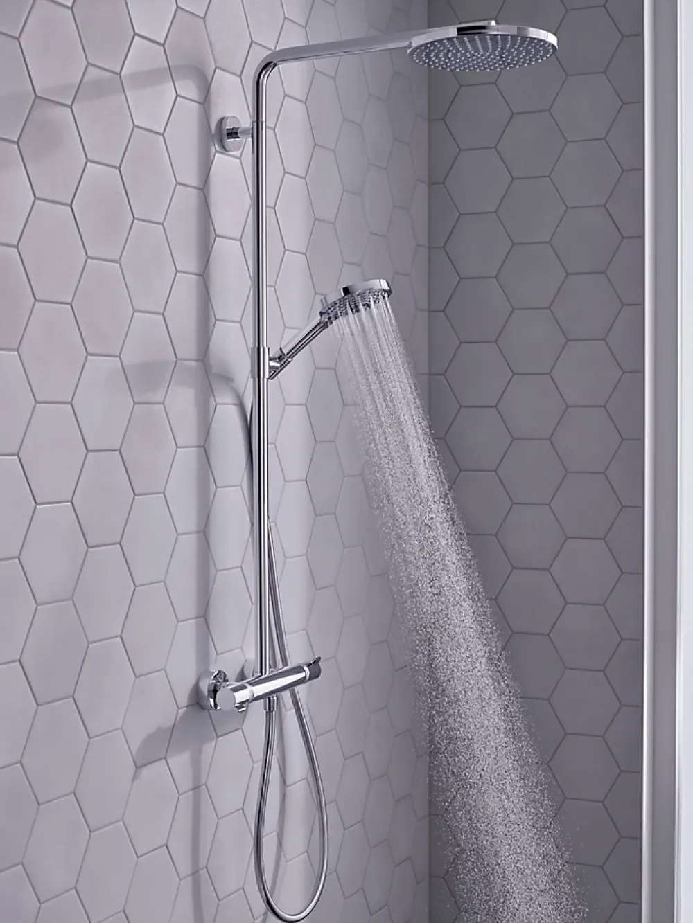 Hansgrohe Colonne de douche thermostatique avec pommeau + douchette 1 jet + flexible + barre réglable, chrome, Raindance Select S 240 PowderRain