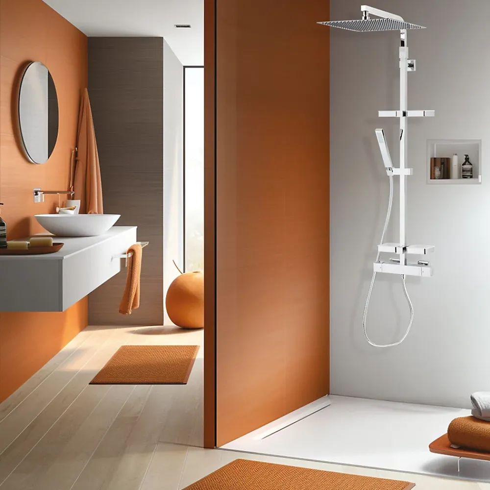 Colonne De Douche Thermostatique|Valentin Colonne de douche thermostatique avec tablettes, pomme de tête, douchette et flexible, chrome, Touareg