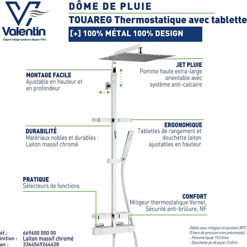 Colonne De Douche Thermostatique|Valentin Colonne de douche thermostatique avec tablettes, pomme de tête, douchette et flexible, chrome, Touareg