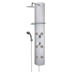 Colonne De Douche Hydromassante|Valentin Colonne de douche thermostatique hydromassante 6 buses avec tablette, pomme de tête, douchette 3 jets et flexible, gris, Totem Alu