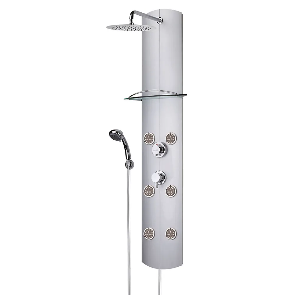 Colonne De Douche Hydromassante|Valentin Colonne de douche thermostatique hydromassante 6 buses avec tablette, pomme de tête, douchette 3 jets et flexible, gris, Totem Alu