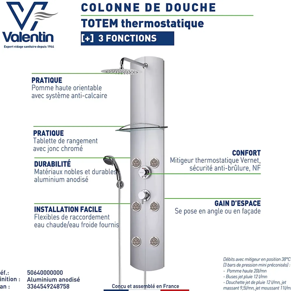 Colonne De Douche Hydromassante|Valentin Colonne de douche thermostatique hydromassante 6 buses avec tablette, pomme de tête, douchette 3 jets et flexible, gris, Totem Alu