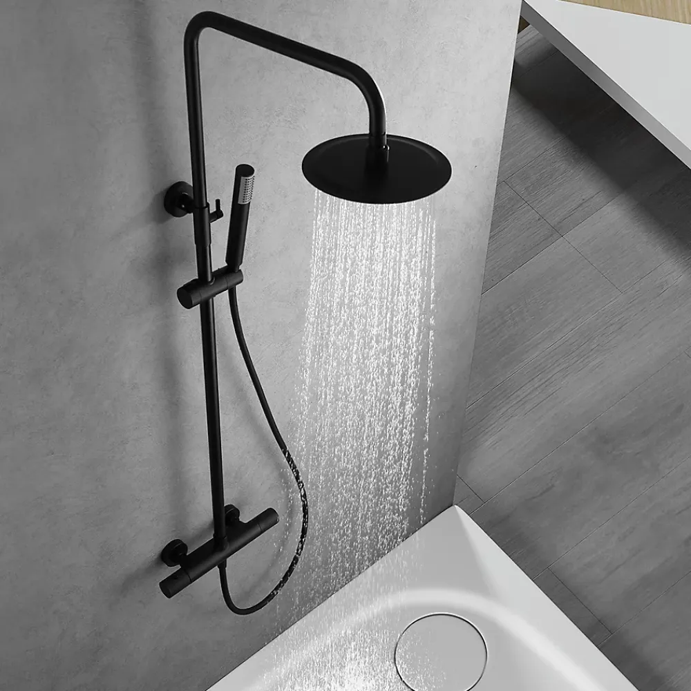 Colonne De Douche Encastrable|Imex Products Colonne de douche thermostatique noire mat en acier et laiton avec douchette extensible