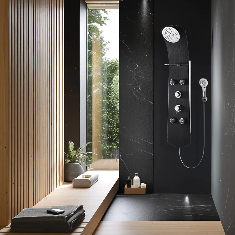 Valentin Colonne de douche thermostatique hydromassante 4 buses avec tablette, pomme de tête, douchette 3 jets et flexible, noir mat, Nautilus