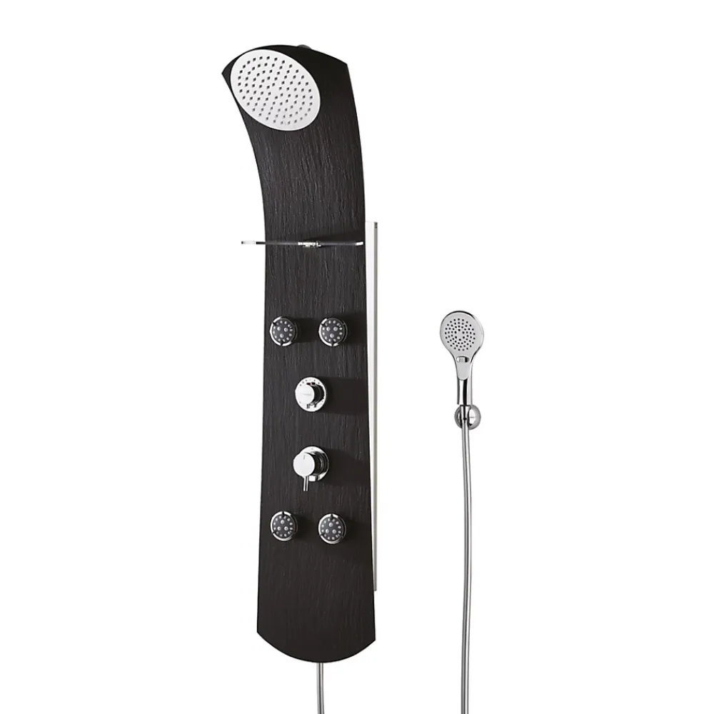 Valentin Colonne de douche thermostatique hydromassante 4 buses avec tablette, pomme de tête, douchette 3 jets et flexible, noir mat, Nautilus