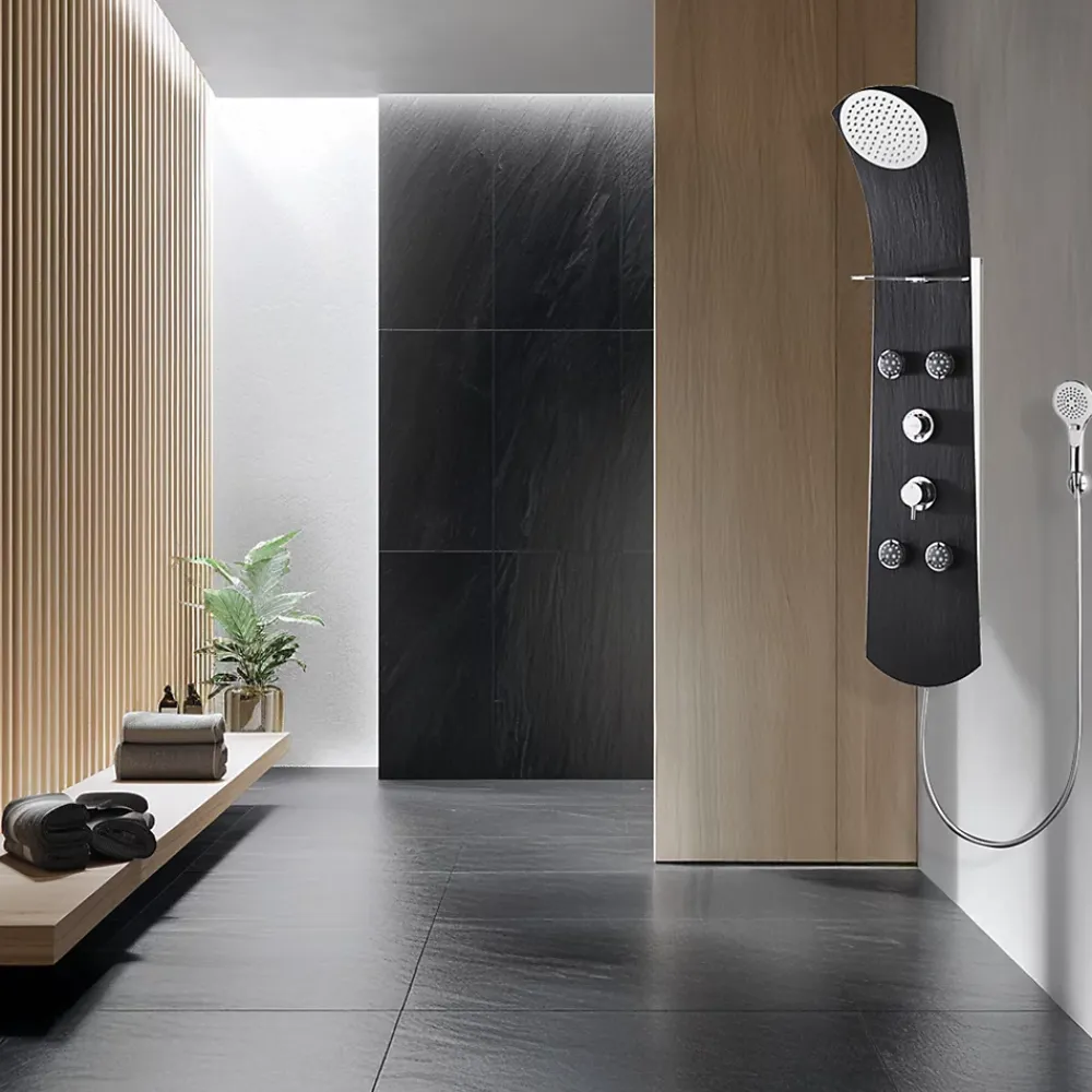 Valentin Colonne de douche thermostatique hydromassante 4 buses avec tablette, pomme de tête, douchette 3 jets et flexible, noir mat, Nautilus