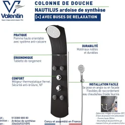 Valentin Colonne de douche thermostatique hydromassante 4 buses avec tablette, pomme de tête, douchette 3 jets et flexible, noir mat, Nautilus