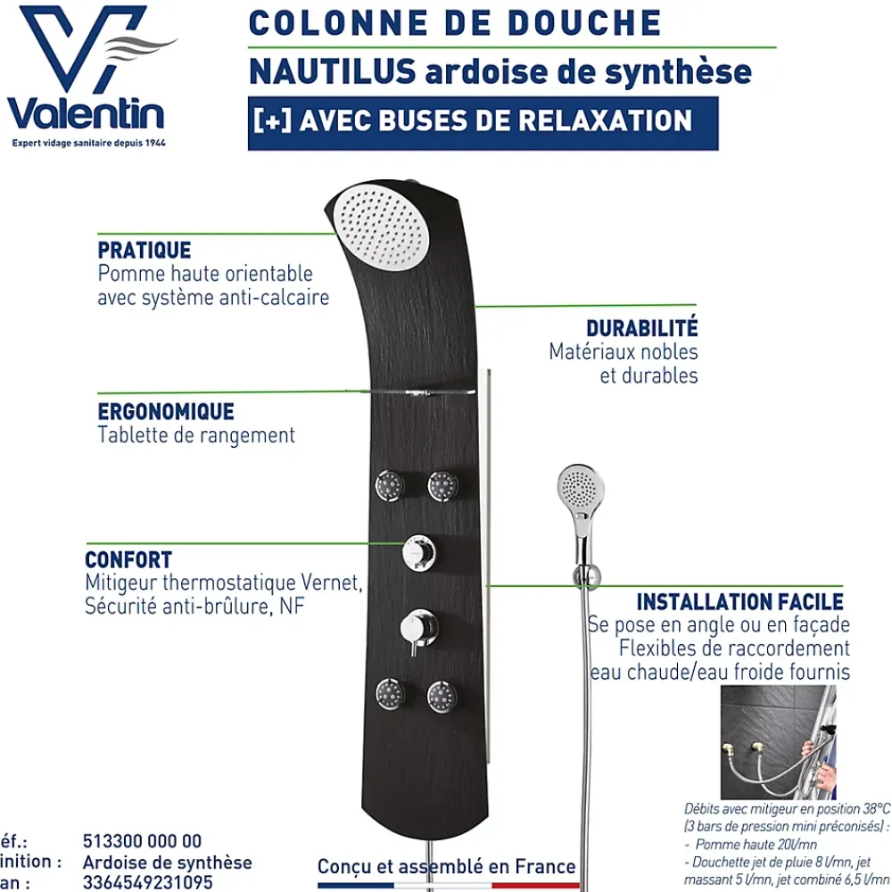 Valentin Colonne de douche thermostatique hydromassante 4 buses avec tablette, pomme de tête, douchette 3 jets et flexible, noir mat, Nautilus