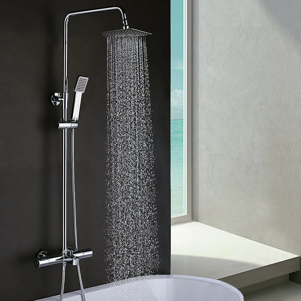 Kibath Colonne de douche thermostatique GAS carrée extra-longue, 100-150 cm, finition chrome poli, en laiton