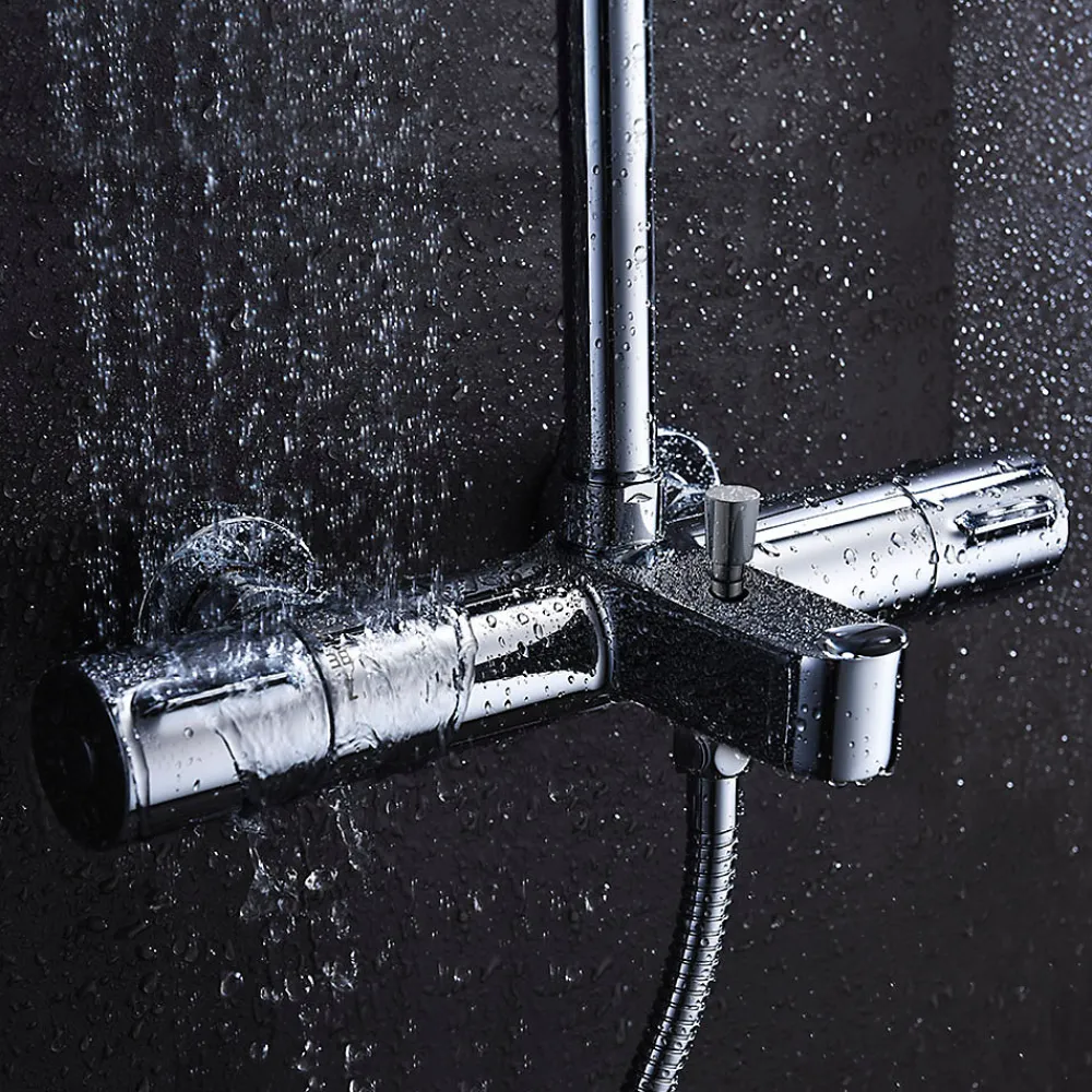 Kibath Colonne de douche thermostatique GAS carrée extra-longue, 100-150 cm, finition chrome poli, en laiton