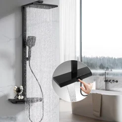 Colonne De Douche Thermostatique|Homelody Colonne de Douche Thermostatique avec Tablette Sécurité 38C Jet Pluie et Cascade Aluminium Noir