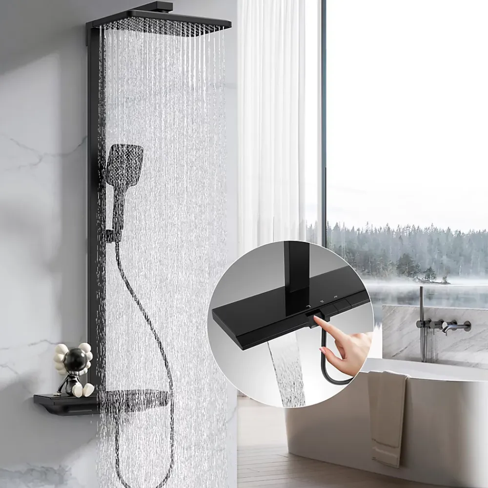 Colonne De Douche Thermostatique|Homelody Colonne de Douche Thermostatique avec Tablette Sécurité 38C Jet Pluie et Cascade Aluminium Noir