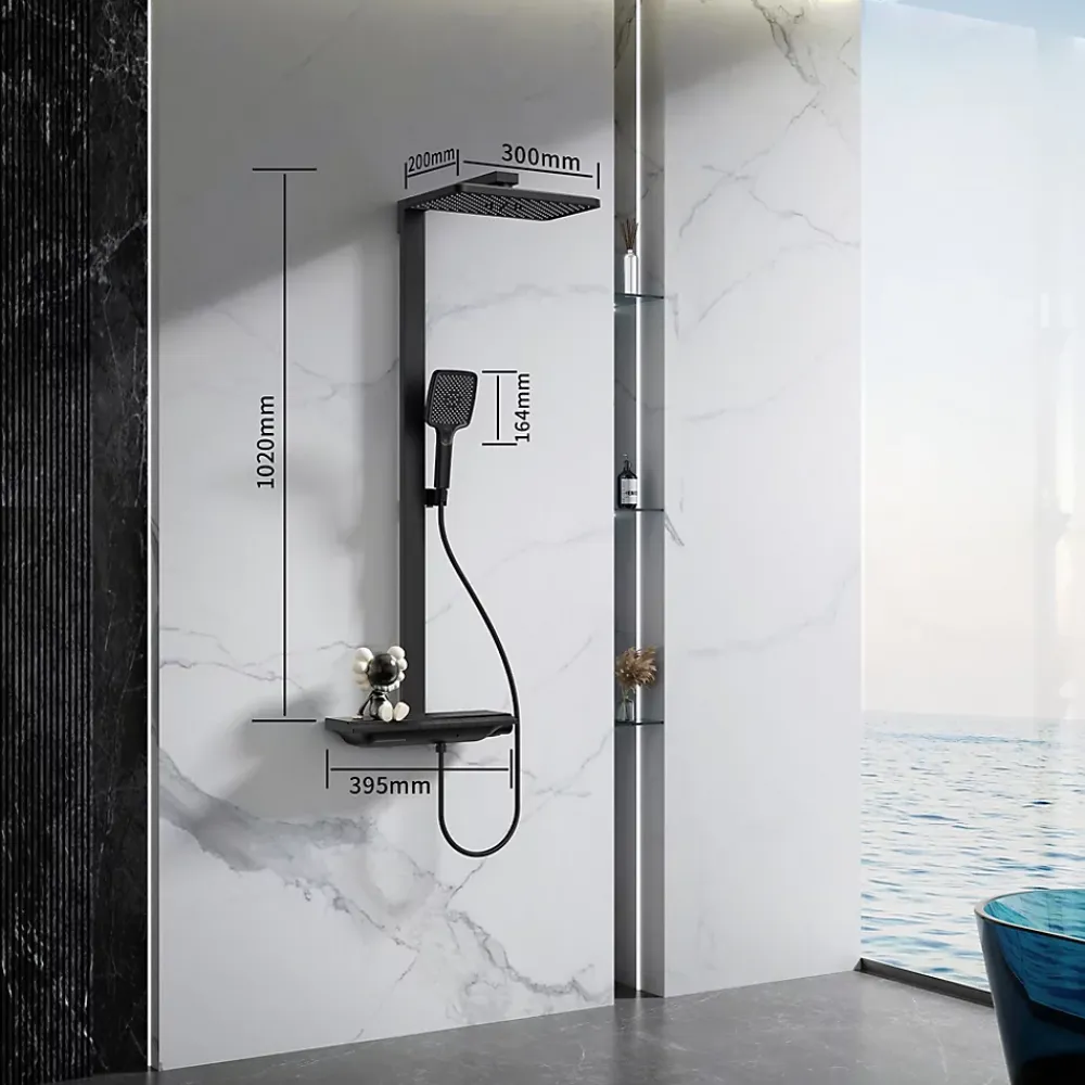 Colonne De Douche Thermostatique|Homelody Colonne de Douche Thermostatique avec Tablette Sécurité 38C Jet Pluie et Cascade Aluminium Noir