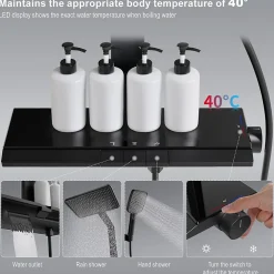 Colonne De Douche Thermostatique|Homelody Colonne de Douche Thermostatique avec Tablette Sécurité 38C Jet Pluie et Cascade Aluminium Noir