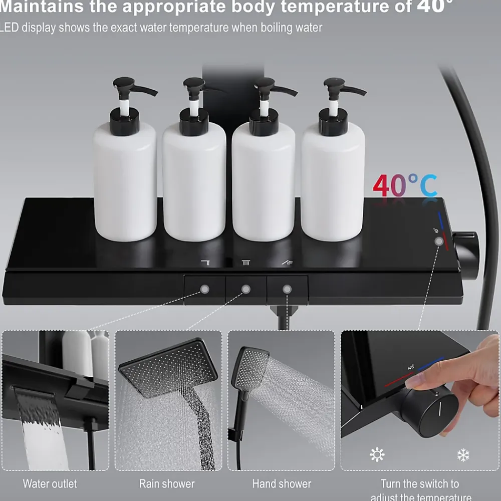 Colonne De Douche Thermostatique|Homelody Colonne de Douche Thermostatique avec Tablette Sécurité 38C Jet Pluie et Cascade Aluminium Noir