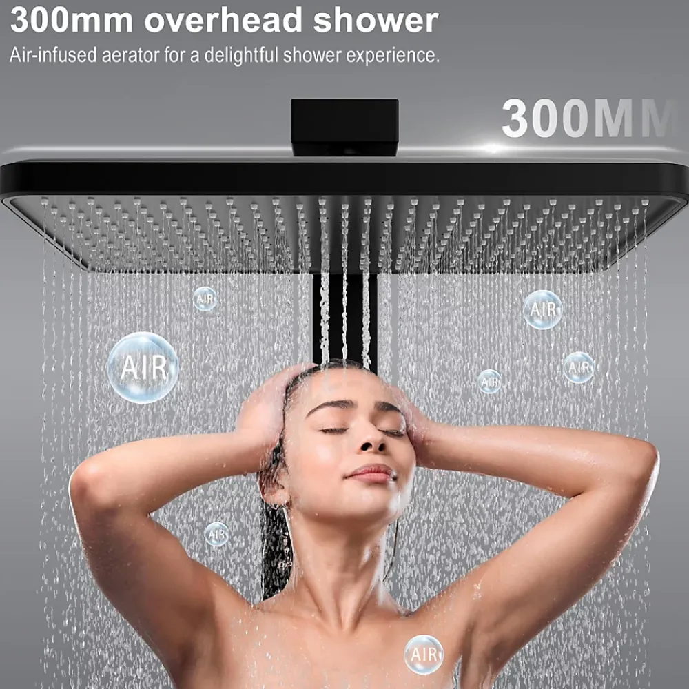 Colonne De Douche Thermostatique|Homelody Colonne de Douche Thermostatique avec Tablette Sécurité 38C Jet Pluie et Cascade Aluminium Noir