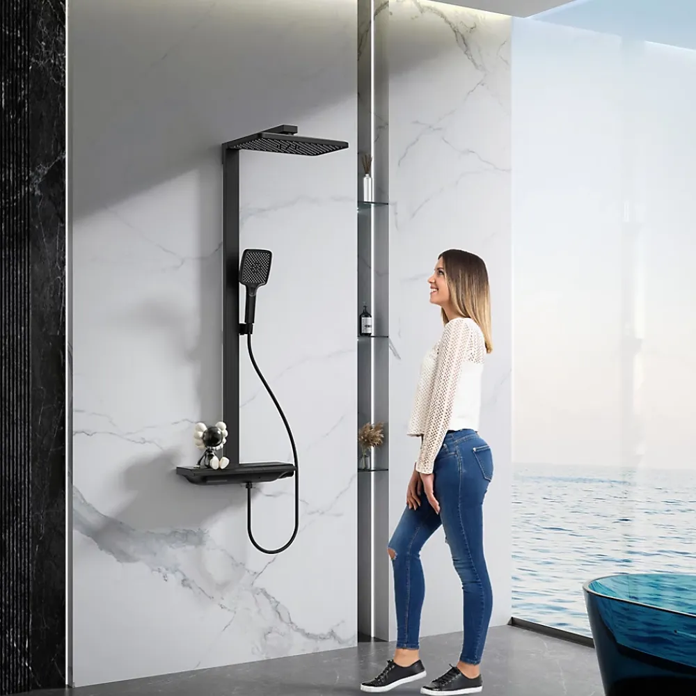 Colonne De Douche Thermostatique|Homelody Colonne de Douche Thermostatique avec Tablette Sécurité 38C Jet Pluie et Cascade Aluminium Noir