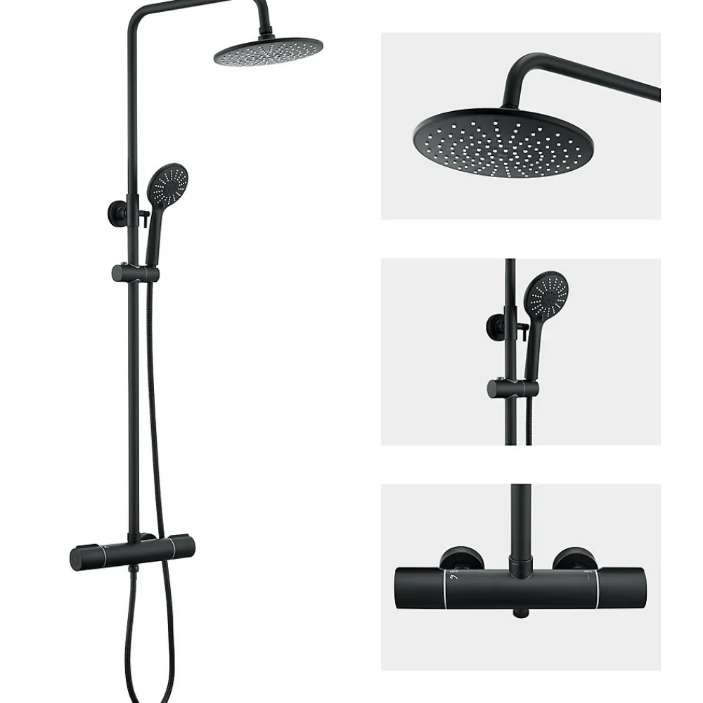 Colonne De Douche Thermostatique|Auralum Max Colonne de Douche Thermostatique 3 Fonctions, Ensemble de Douche Noir, Douche avec Tête de Douche de 9 pouces