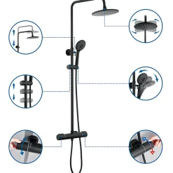Colonne De Douche Thermostatique|Auralum Max Colonne de Douche Thermostatique 3 Fonctions, Ensemble de Douche Noir, Douche avec Tête de Douche de 9 pouces