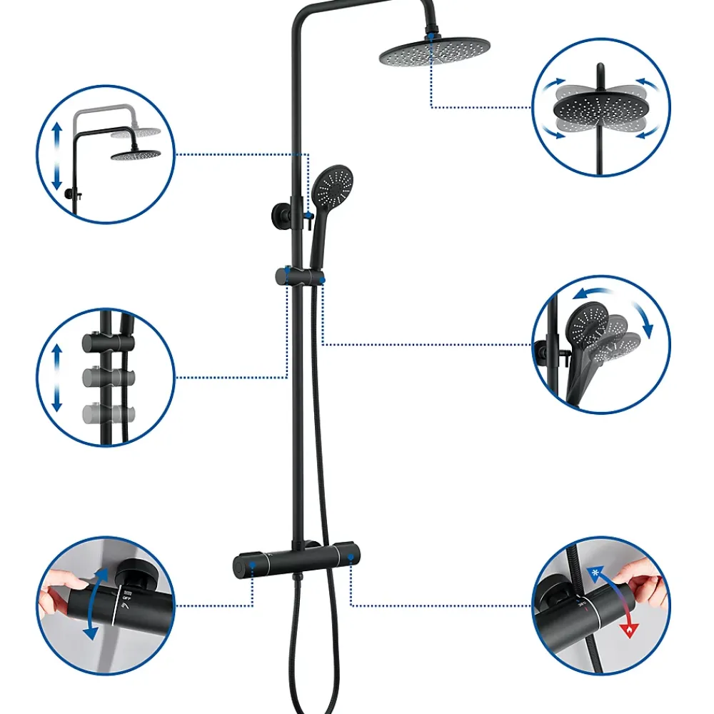 Colonne De Douche Thermostatique|Auralum Max Colonne de Douche Thermostatique 3 Fonctions, Ensemble de Douche Noir, Douche avec Tête de Douche de 9 pouces